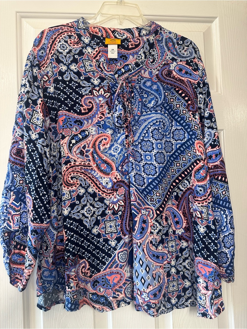 Ruby Rd. Navy Pink and Blue Paisley Tie-Neck Blouse